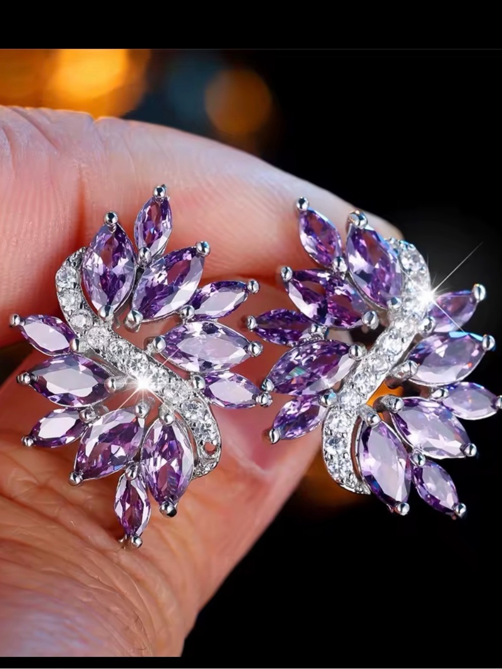Purple Crystal Floral Stud Earrings - Women Jewelry - Picture 2 of 7